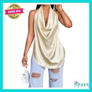 Halter Top Open Back Deep V Cowl Neck Draped Front Sleeveless Summer Chic